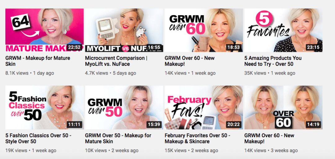 Pretty Over Fifty YouTube thumbnails